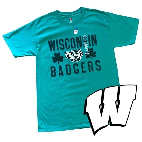 Wisconsin Badgers Shamrock Hanes T-Shirt - Kelly Green - Medium - NWT - Picture 1 of 7